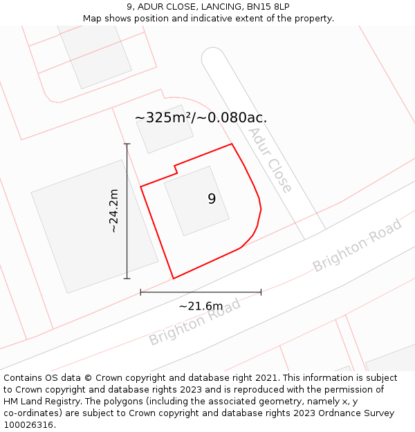 9, ADUR CLOSE, LANCING, BN15 8LP: Plot and title map