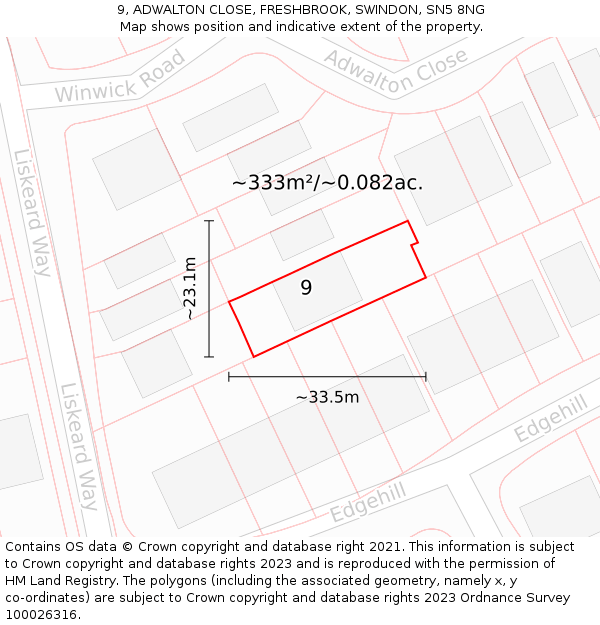 9, ADWALTON CLOSE, FRESHBROOK, SWINDON, SN5 8NG: Plot and title map
