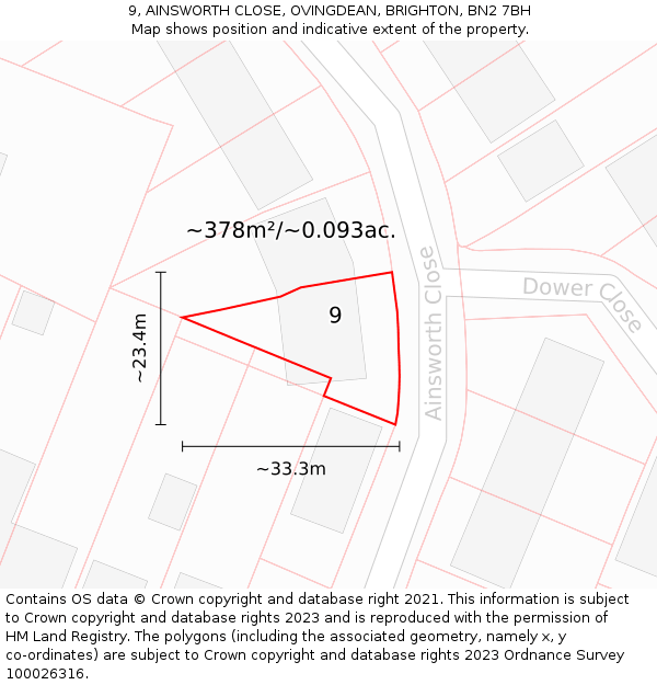 9, AINSWORTH CLOSE, OVINGDEAN, BRIGHTON, BN2 7BH: Plot and title map