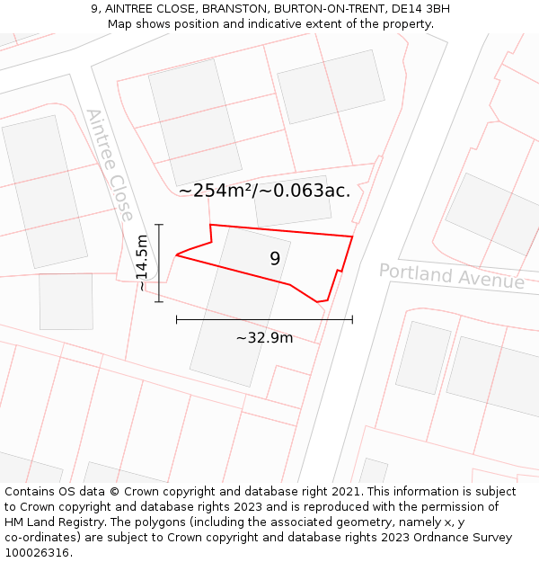 9, AINTREE CLOSE, BRANSTON, BURTON-ON-TRENT, DE14 3BH: Plot and title map
