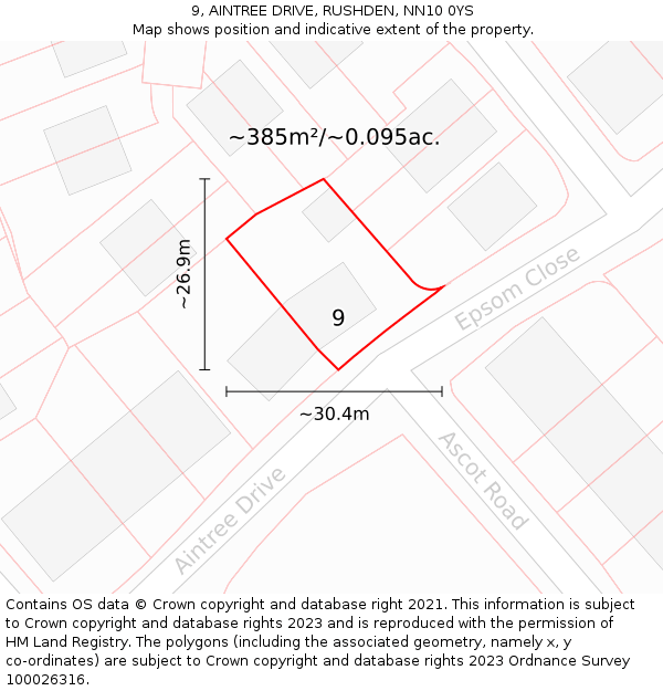 9, AINTREE DRIVE, RUSHDEN, NN10 0YS: Plot and title map