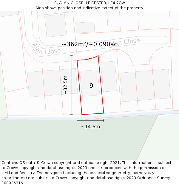 9, ALAN CLOSE, LEICESTER, LE4 7QW: Plot and title map