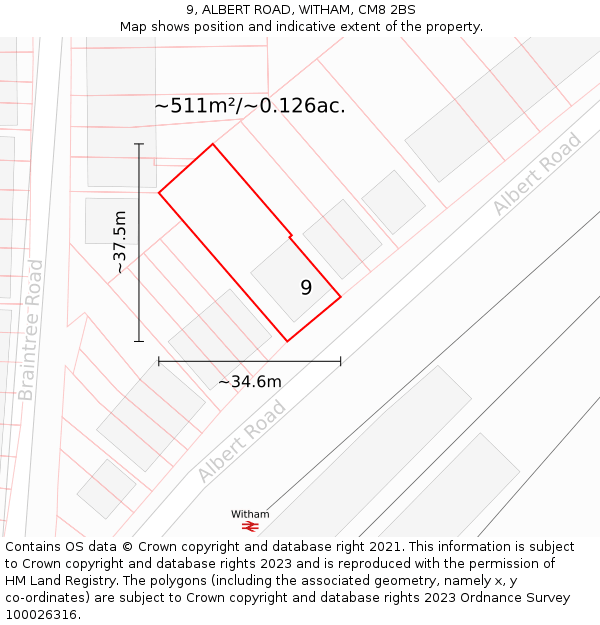 9, ALBERT ROAD, WITHAM, CM8 2BS: Plot and title map