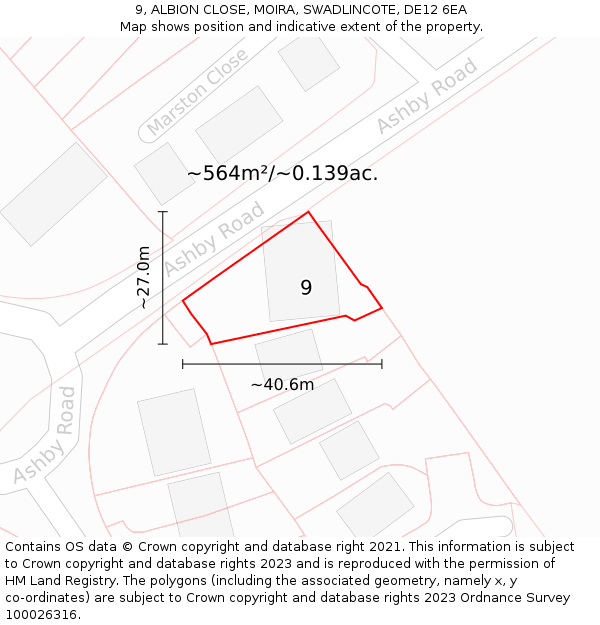 9, ALBION CLOSE, MOIRA, SWADLINCOTE, DE12 6EA: Plot and title map