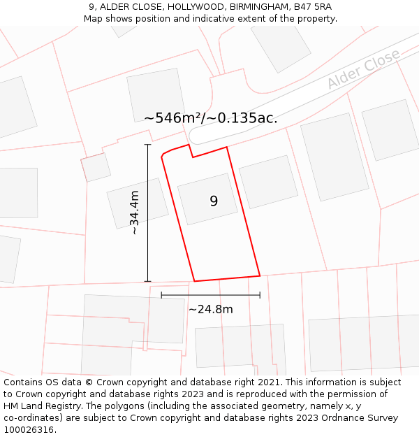 9, ALDER CLOSE, HOLLYWOOD, BIRMINGHAM, B47 5RA: Plot and title map
