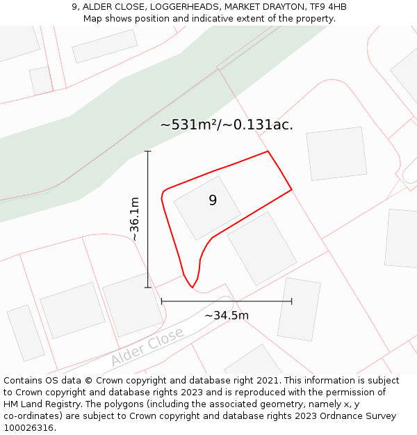 9, ALDER CLOSE, LOGGERHEADS, MARKET DRAYTON, TF9 4HB: Plot and title map