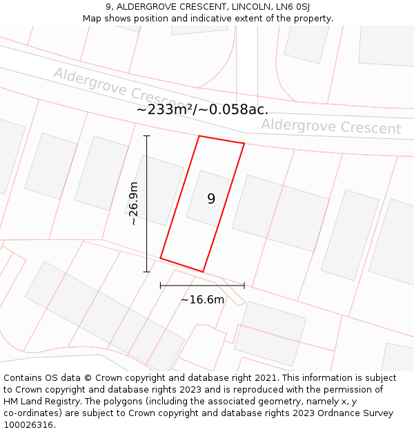 9, ALDERGROVE CRESCENT, LINCOLN, LN6 0SJ: Plot and title map