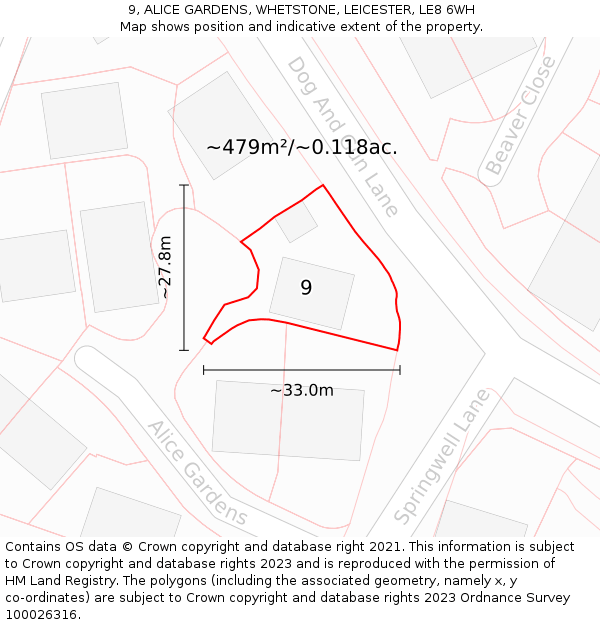 9, ALICE GARDENS, WHETSTONE, LEICESTER, LE8 6WH: Plot and title map