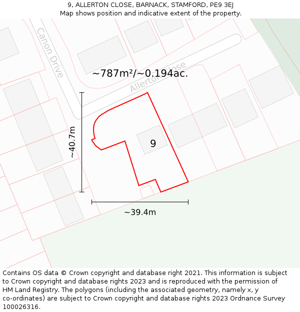 9, ALLERTON CLOSE, BARNACK, STAMFORD, PE9 3EJ: Plot and title map