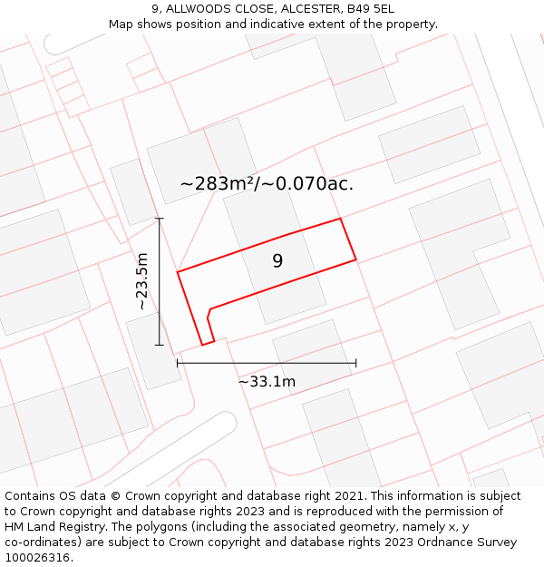 9, ALLWOODS CLOSE, ALCESTER, B49 5EL: Plot and title map