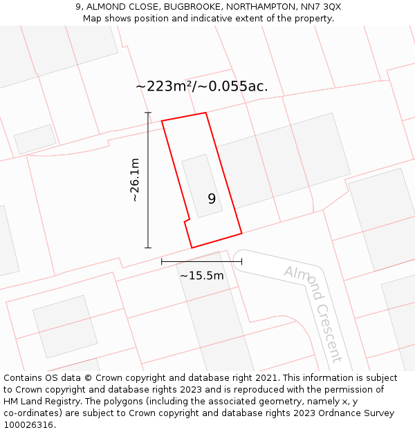 9, ALMOND CLOSE, BUGBROOKE, NORTHAMPTON, NN7 3QX: Plot and title map