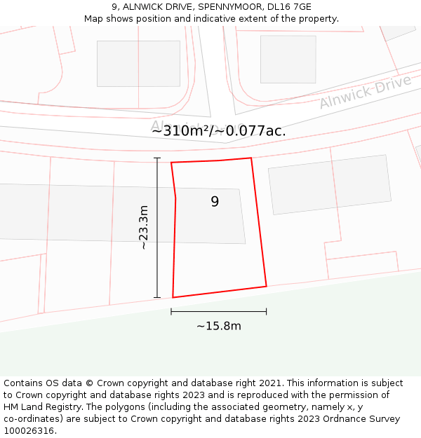 9, ALNWICK DRIVE, SPENNYMOOR, DL16 7GE: Plot and title map