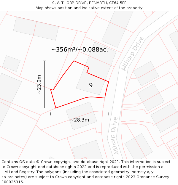 9, ALTHORP DRIVE, PENARTH, CF64 5FF: Plot and title map