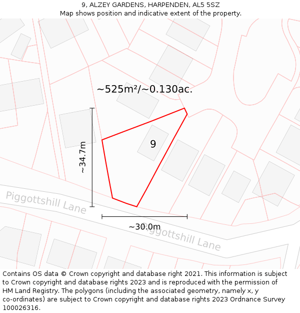 9, ALZEY GARDENS, HARPENDEN, AL5 5SZ: Plot and title map