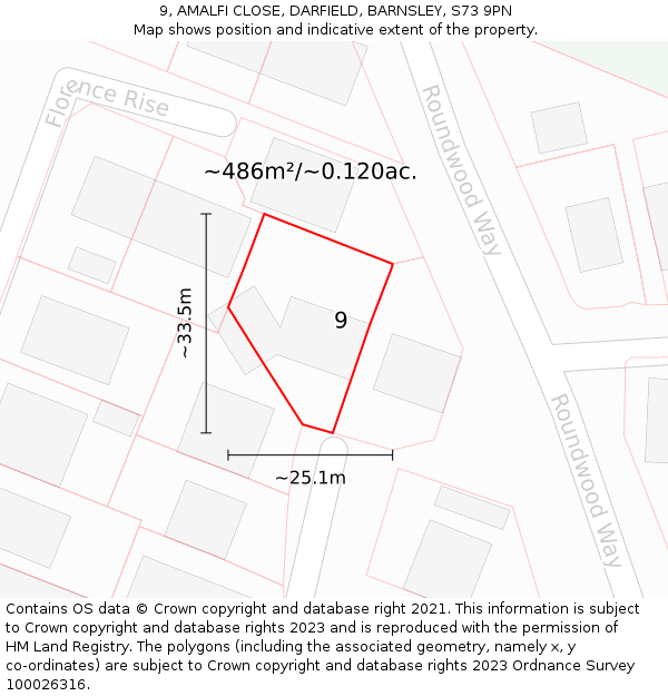 9, AMALFI CLOSE, DARFIELD, BARNSLEY, S73 9PN: Plot and title map