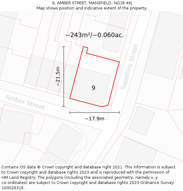 9, AMBER STREET, MANSFIELD, NG18 4XJ: Plot and title map