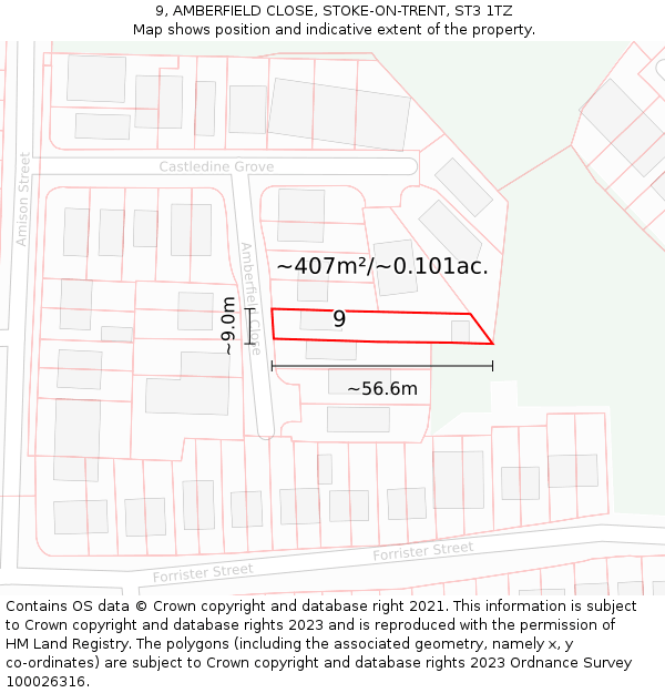 9, AMBERFIELD CLOSE, STOKE-ON-TRENT, ST3 1TZ: Plot and title map