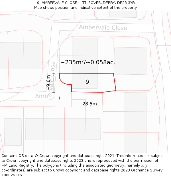 9, AMBERVALE CLOSE, LITTLEOVER, DERBY, DE23 3YB: Plot and title map