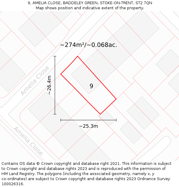 9, AMELIA CLOSE, BADDELEY GREEN, STOKE-ON-TRENT, ST2 7QN: Plot and title map