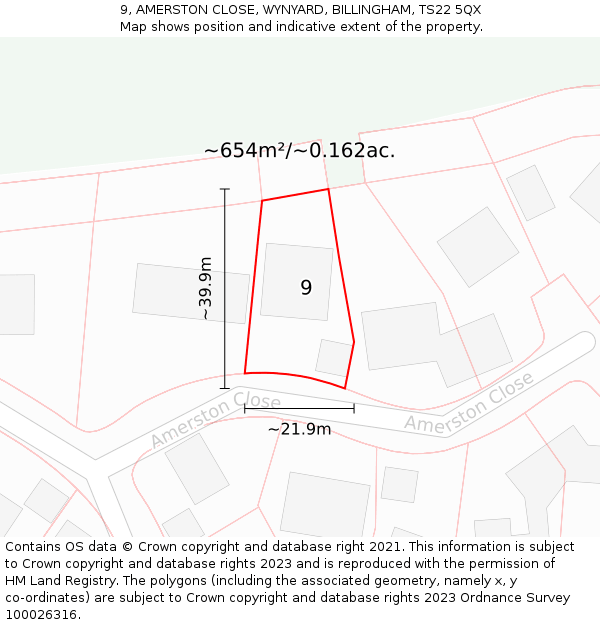 9, AMERSTON CLOSE, WYNYARD, BILLINGHAM, TS22 5QX: Plot and title map