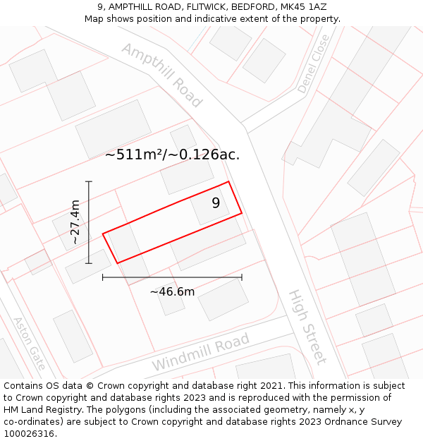 9, AMPTHILL ROAD, FLITWICK, BEDFORD, MK45 1AZ: Plot and title map