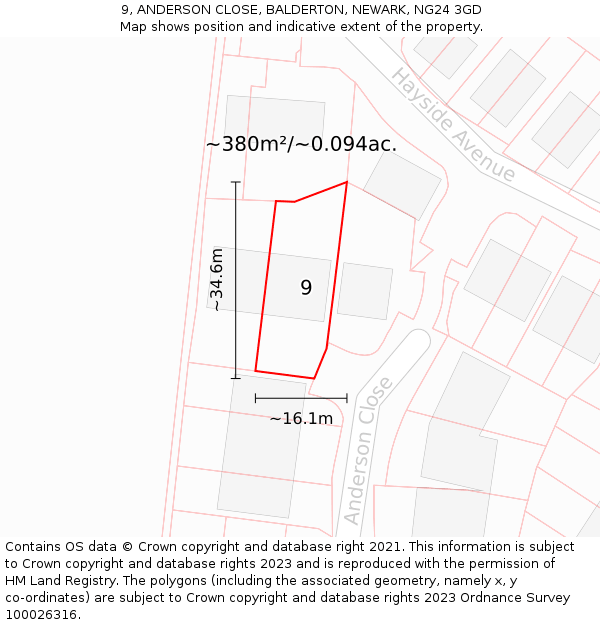 9, ANDERSON CLOSE, BALDERTON, NEWARK, NG24 3GD: Plot and title map