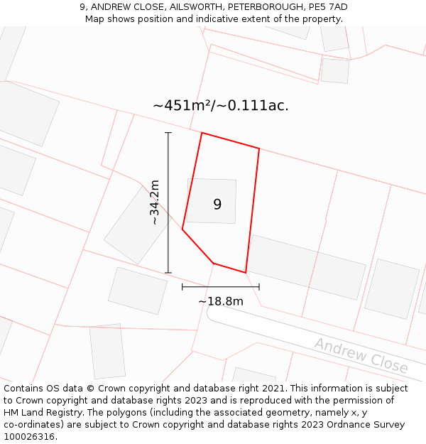 9, ANDREW CLOSE, AILSWORTH, PETERBOROUGH, PE5 7AD: Plot and title map