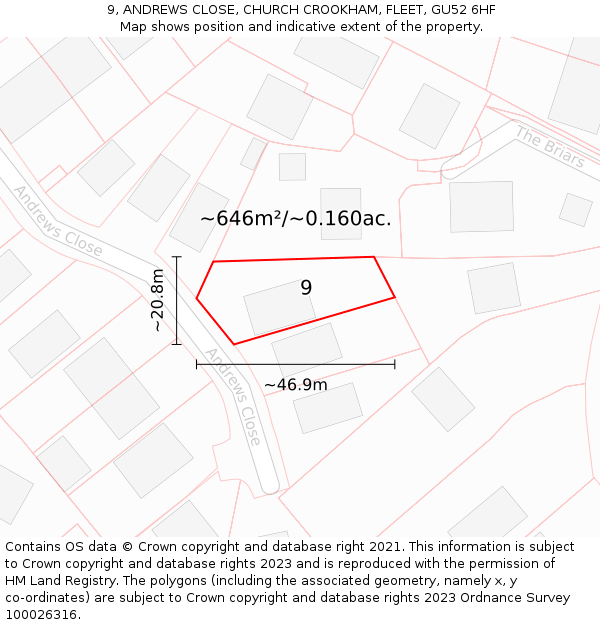 9, ANDREWS CLOSE, CHURCH CROOKHAM, FLEET, GU52 6HF: Plot and title map