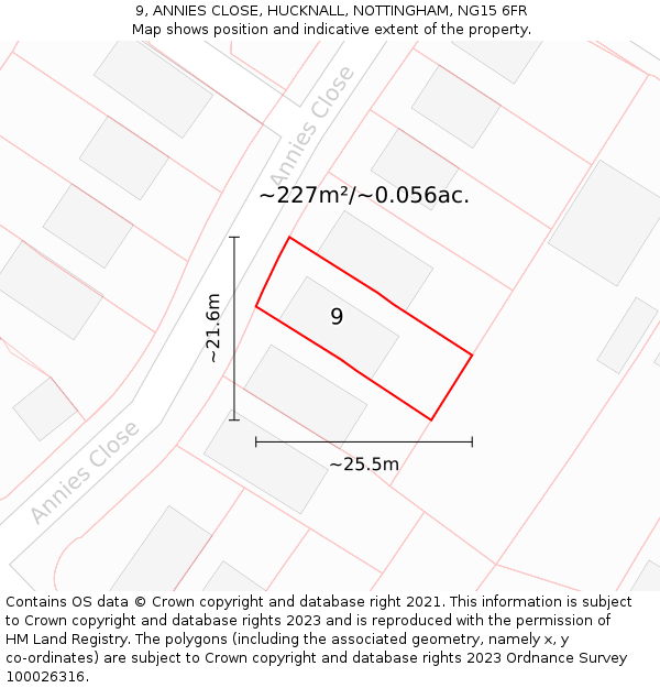 9, ANNIES CLOSE, HUCKNALL, NOTTINGHAM, NG15 6FR: Plot and title map