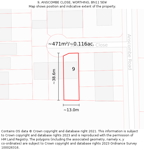 9, ANSCOMBE CLOSE, WORTHING, BN11 5EW: Plot and title map