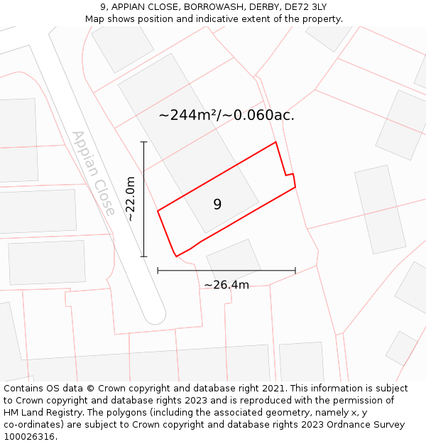 9, APPIAN CLOSE, BORROWASH, DERBY, DE72 3LY: Plot and title map