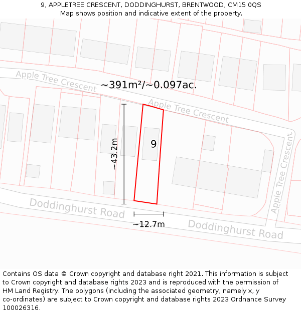 9, APPLETREE CRESCENT, DODDINGHURST, BRENTWOOD, CM15 0QS: Plot and title map