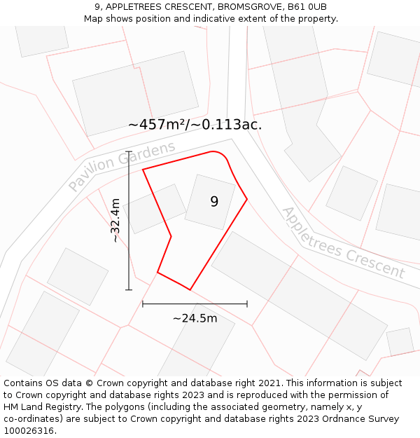 9, APPLETREES CRESCENT, BROMSGROVE, B61 0UB: Plot and title map