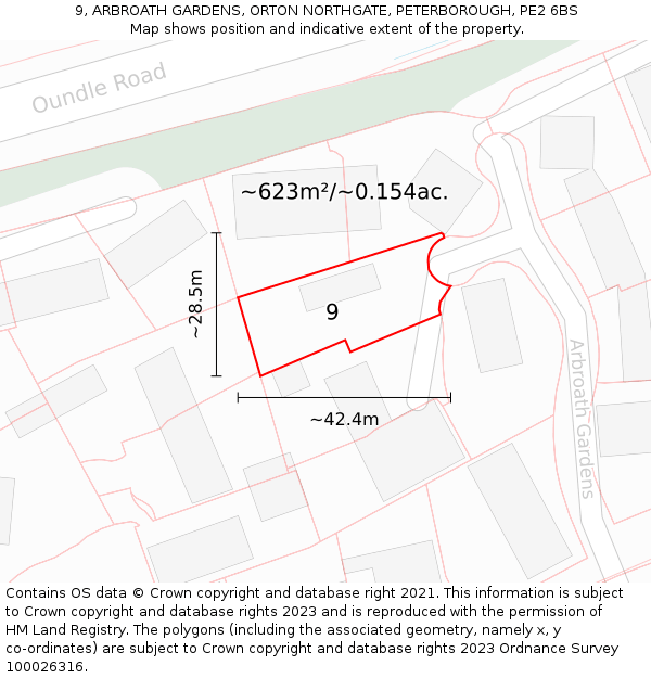 9, ARBROATH GARDENS, ORTON NORTHGATE, PETERBOROUGH, PE2 6BS: Plot and title map