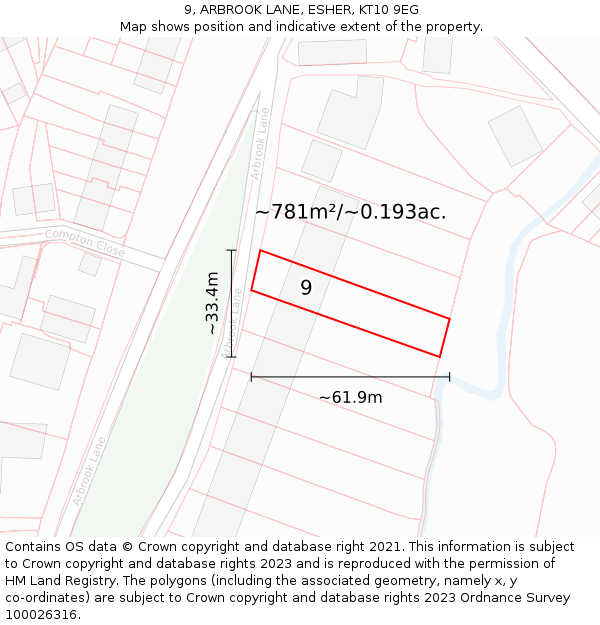 9, ARBROOK LANE, ESHER, KT10 9EG: Plot and title map