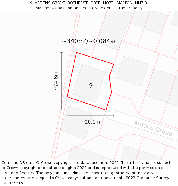 9, ARDENS GROVE, ROTHERSTHORPE, NORTHAMPTON, NN7 3JJ: Plot and title map