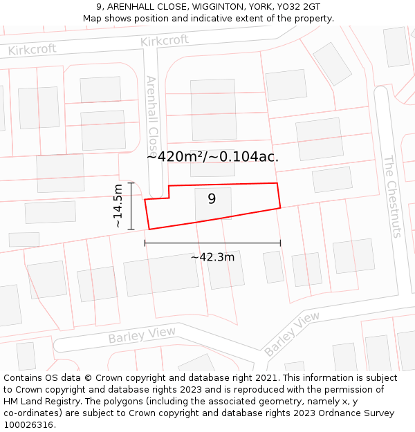 9, ARENHALL CLOSE, WIGGINTON, YORK, YO32 2GT: Plot and title map