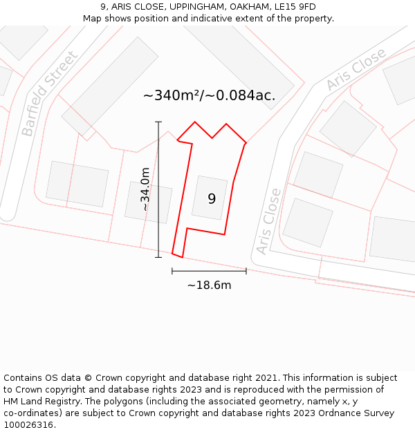 9, ARIS CLOSE, UPPINGHAM, OAKHAM, LE15 9FD: Plot and title map