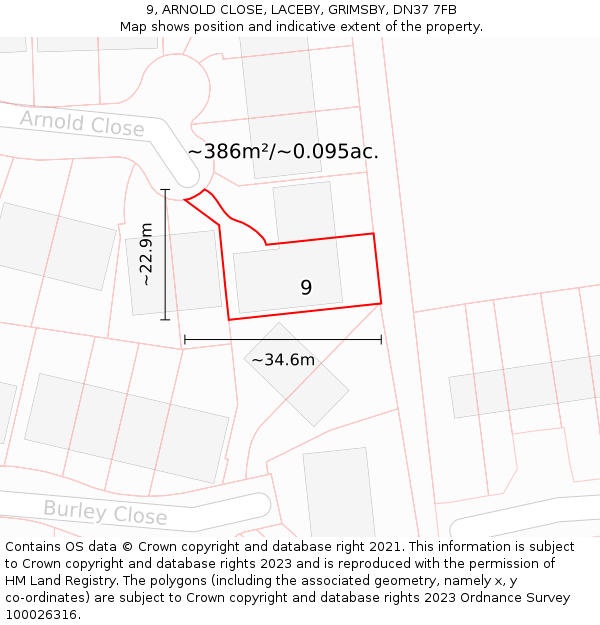 9, ARNOLD CLOSE, LACEBY, GRIMSBY, DN37 7FB: Plot and title map