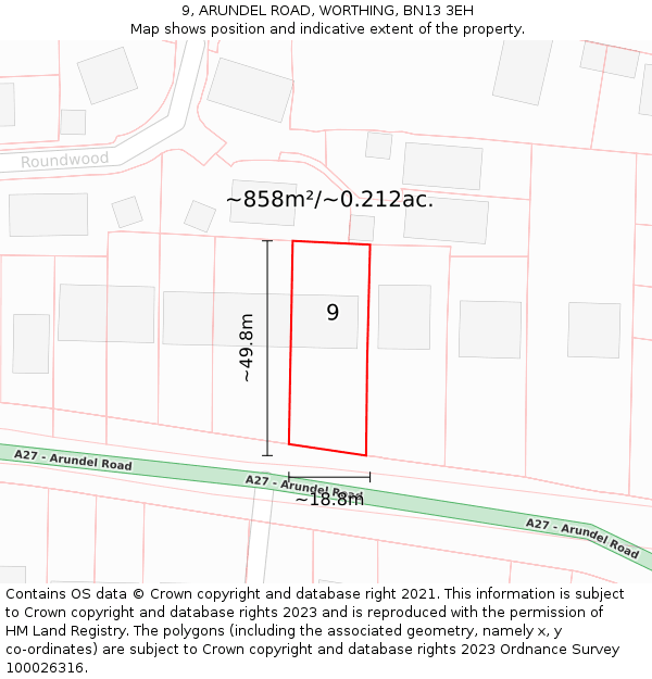 9, ARUNDEL ROAD, WORTHING, BN13 3EH: Plot and title map