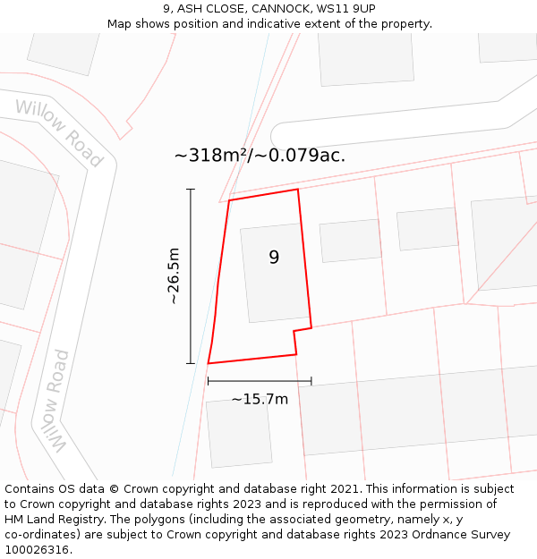 9, ASH CLOSE, CANNOCK, WS11 9UP: Plot and title map