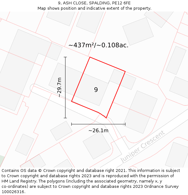 9, ASH CLOSE, SPALDING, PE12 6FE: Plot and title map