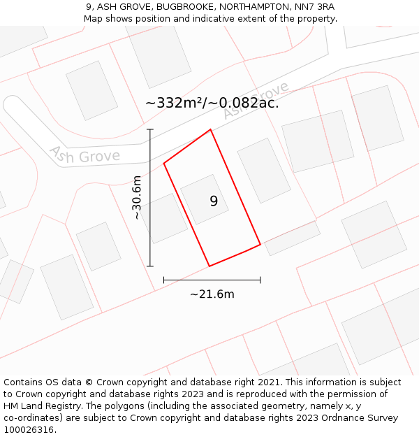 9, ASH GROVE, BUGBROOKE, NORTHAMPTON, NN7 3RA: Plot and title map