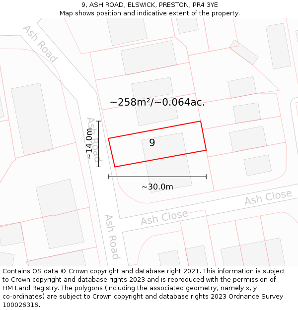 9, ASH ROAD, ELSWICK, PRESTON, PR4 3YE: Plot and title map