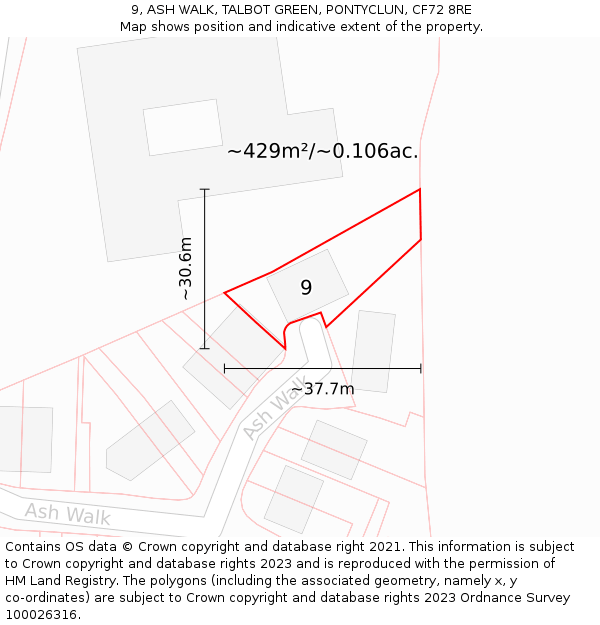 9, ASH WALK, TALBOT GREEN, PONTYCLUN, CF72 8RE: Plot and title map