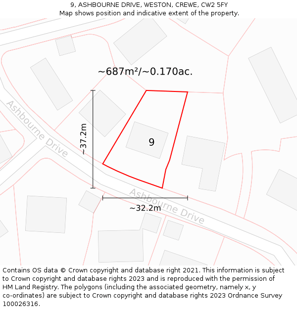 9, ASHBOURNE DRIVE, WESTON, CREWE, CW2 5FY: Plot and title map