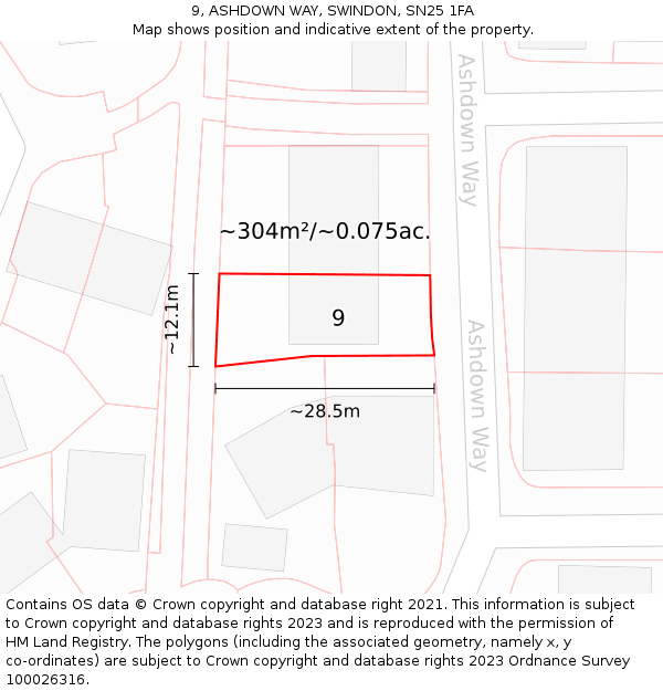 9, ASHDOWN WAY, SWINDON, SN25 1FA: Plot and title map