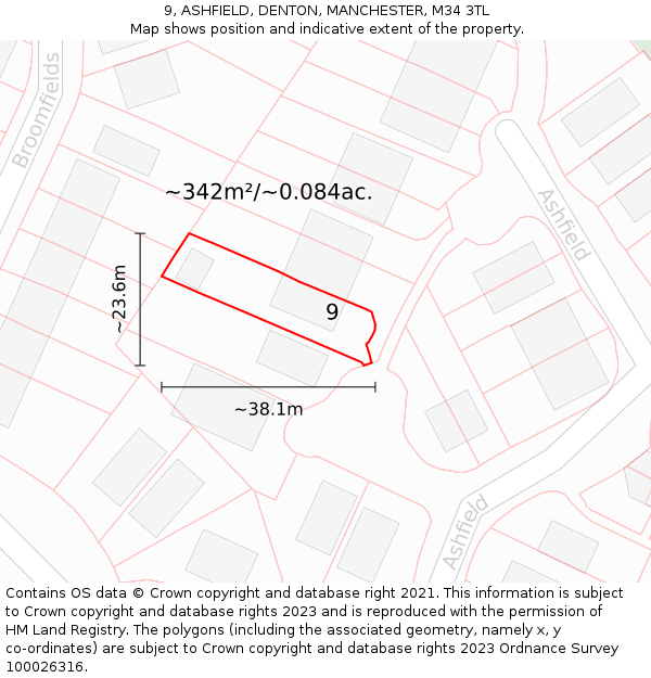 9, ASHFIELD, DENTON, MANCHESTER, M34 3TL: Plot and title map