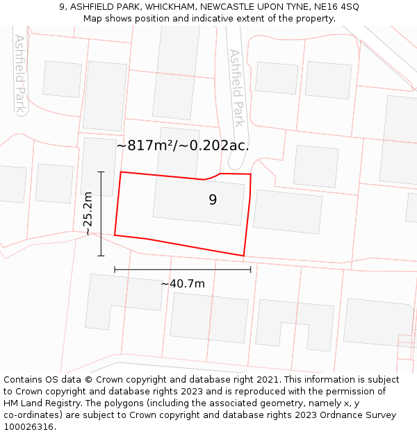 9, ASHFIELD PARK, WHICKHAM, NEWCASTLE UPON TYNE, NE16 4SQ: Plot and title map