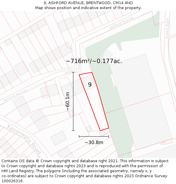 9, ASHFORD AVENUE, BRENTWOOD, CM14 4ND: Plot and title map